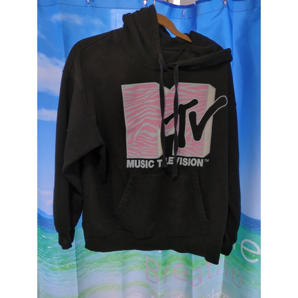 MTV Music Television Black Men's XL Hoodie Pull-Over Sweatshirt B88